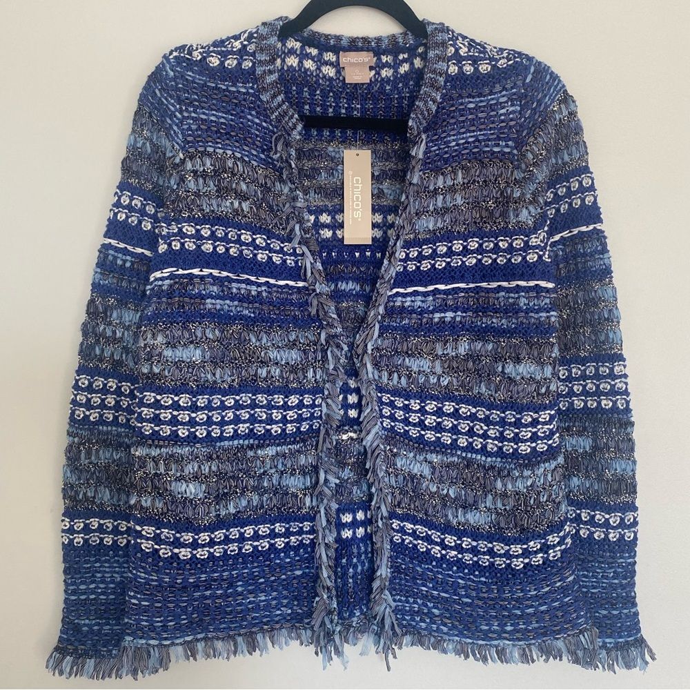 Chico’s NWT Cardigan Sweater Fringe Sweater LS Pattern Blue Multi Size 0